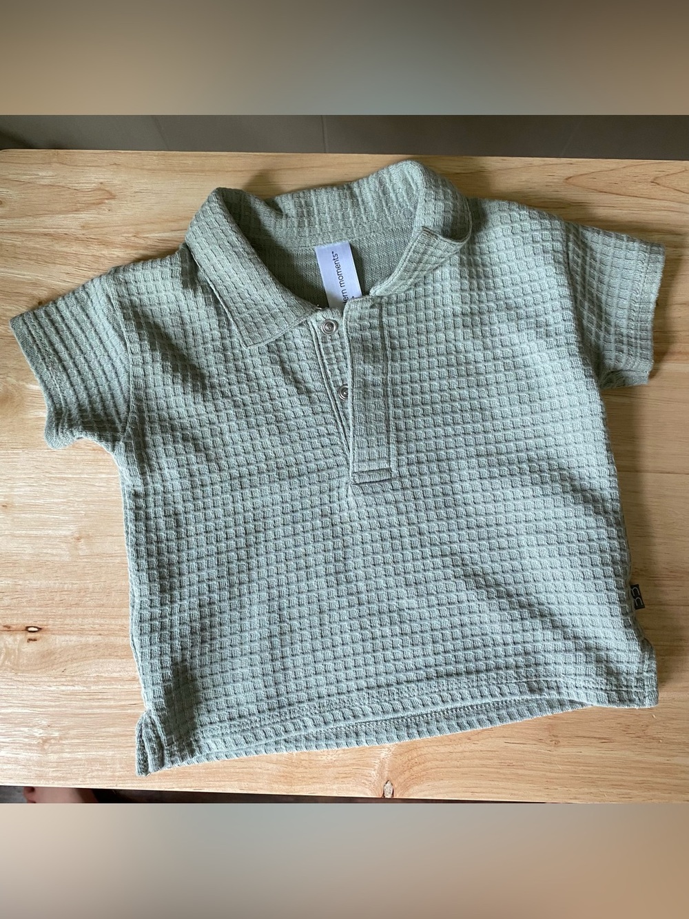 green cotton waffle knit polo shirt with snaps  6-9 months